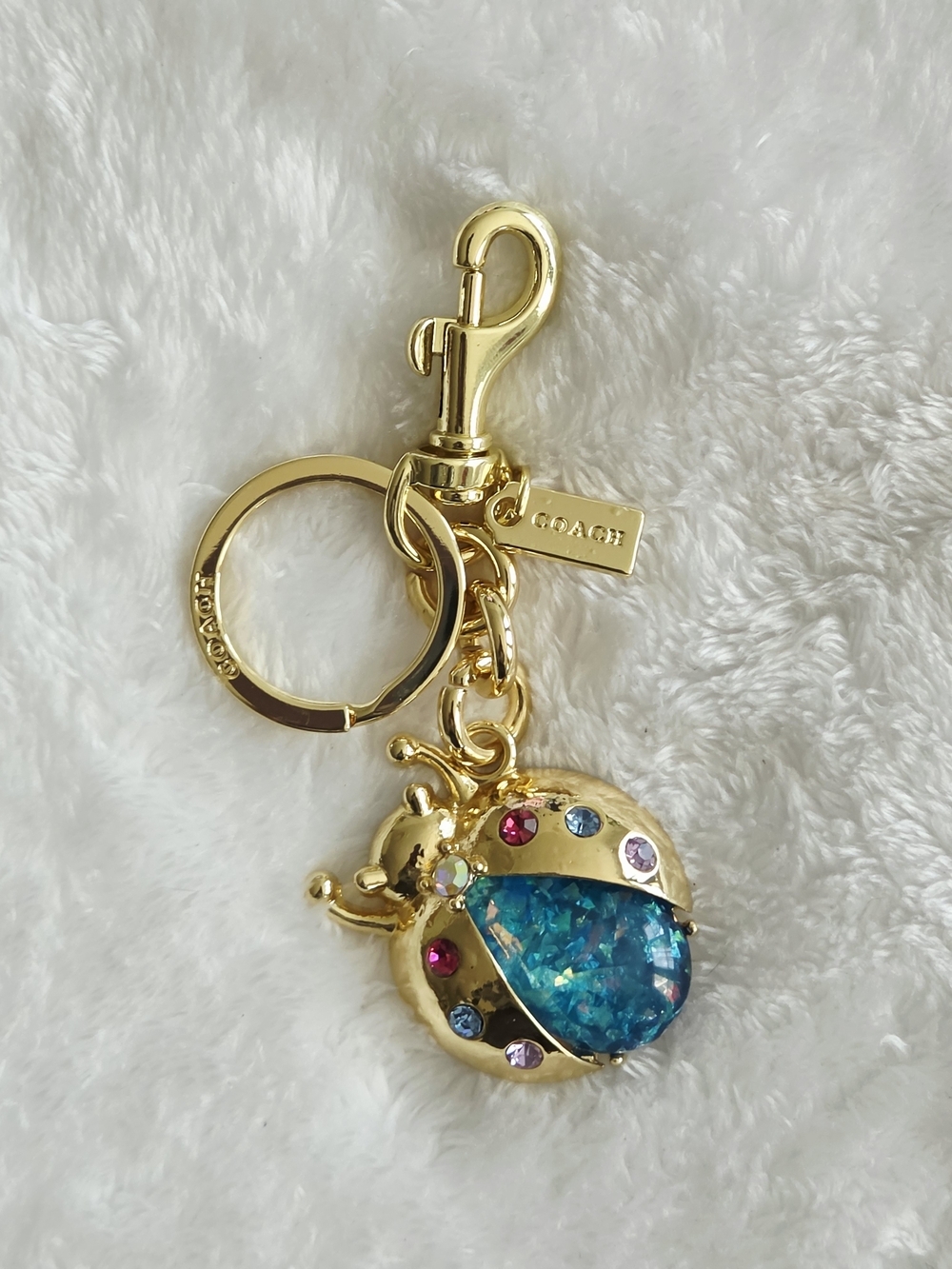 C Logo Gold-Tone Blue Crystal Ladybug Keychain Charm Beautiful Bag Charm